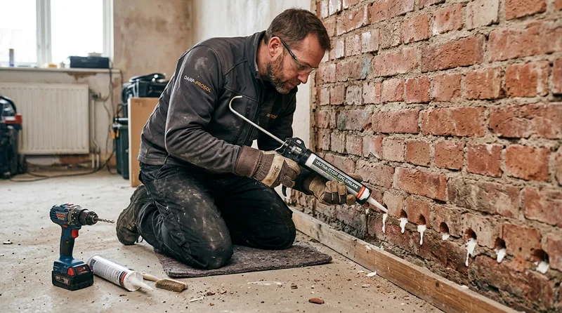 Vakman injecteert een binnenmuur tegen opstijgend vocht